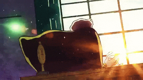 a cartoon drawing of a man sitting in front of a window with the sun shining through the window