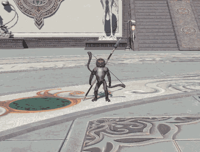 a statue of a monkey with a bow and arrow on a tiled floor