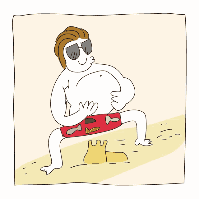 a cartoon of a man on the beach with a sand castle in the background