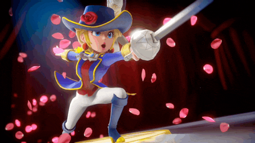 a cartoon character is holding a sword with petals flying around her