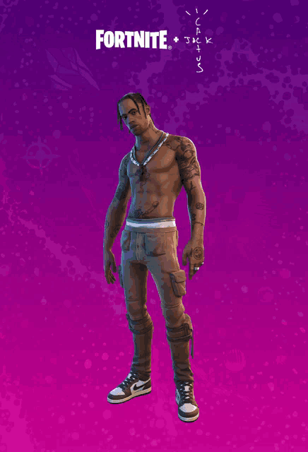 a man without a shirt is standing in front of a purple background that says fortnite on it