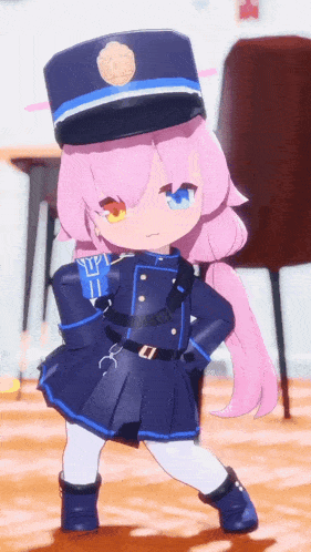 a little girl with pink hair is wearing a police uniform and hat