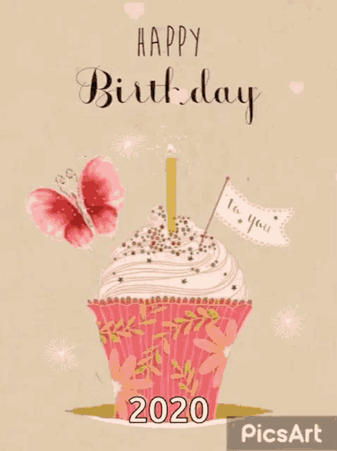 a birthday card with a cupcake with a candle and the year 2020