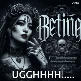 a black and white photo of a woman with a skull and the words betina ugghhhh