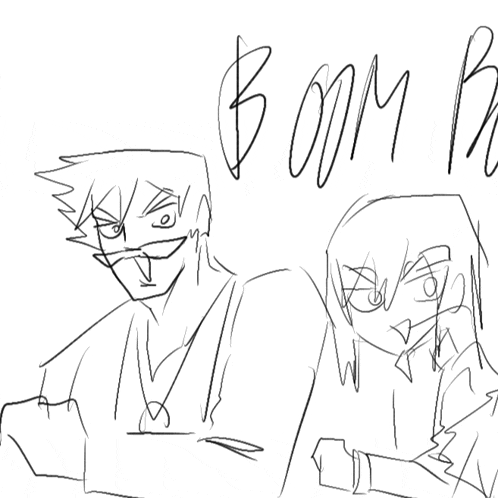 a black and white drawing of a man and a woman with the word boom in the upper right corner