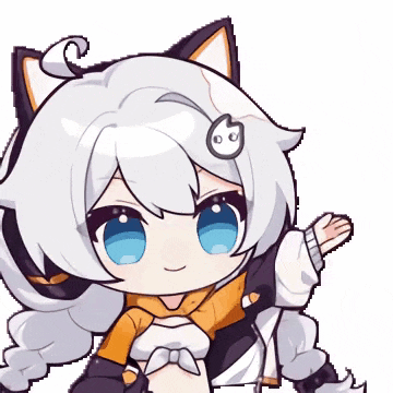a cartoon girl with white hair and blue eyes is wearing a cat ear scarf
