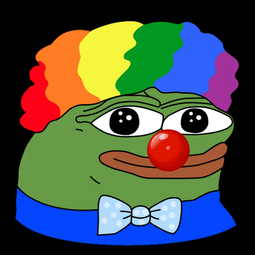 a green frog wearing a clown costume with a red nose and rainbow hair