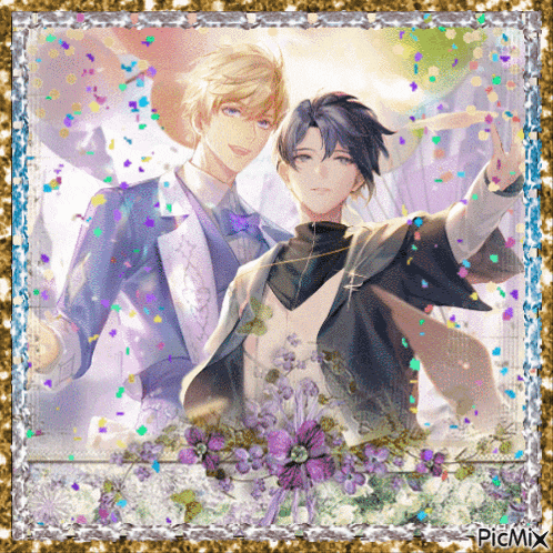 a picture of two anime characters with purple flowers and confetti surrounding them with the caption picmix