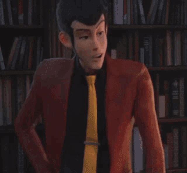 a man in a red jacket and yellow tie is smiling with his eyes closed .