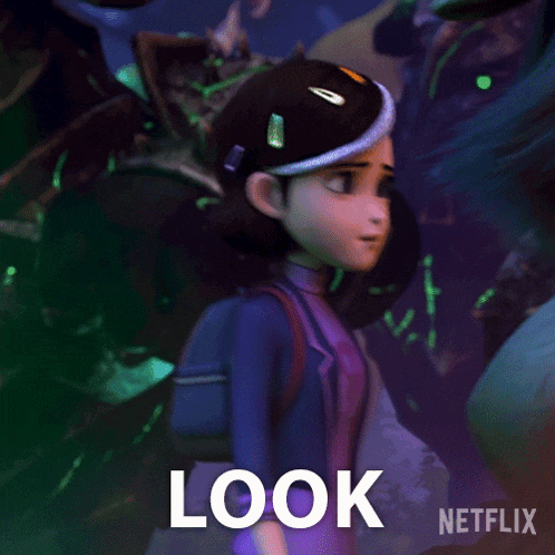 a girl in a purple shirt with a skull on it is standing in front of a monster and the word look is above her