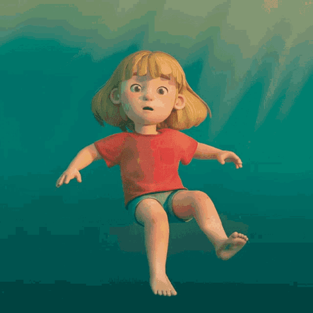 a cartoon girl in a red shirt and blue shorts is floating in the water