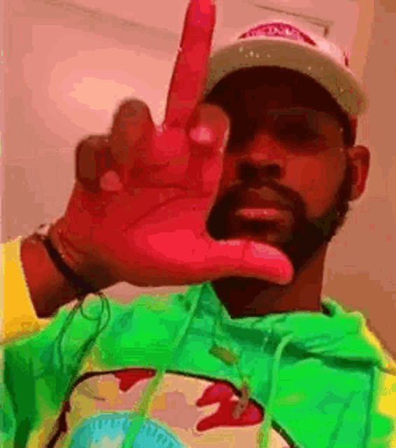 a man with a beard is wearing a green hoodie and a hat and making a selfie with his hand .