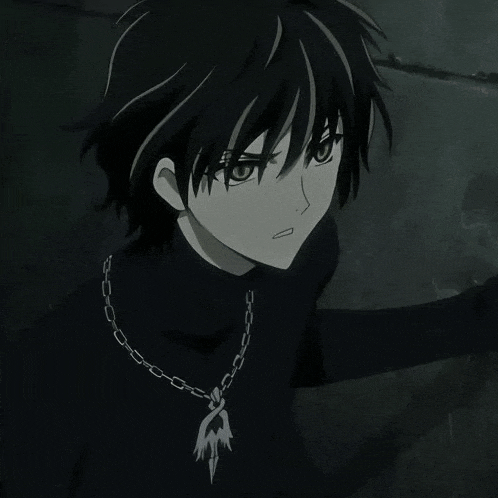 a black and white anime character with a chain around his neck .