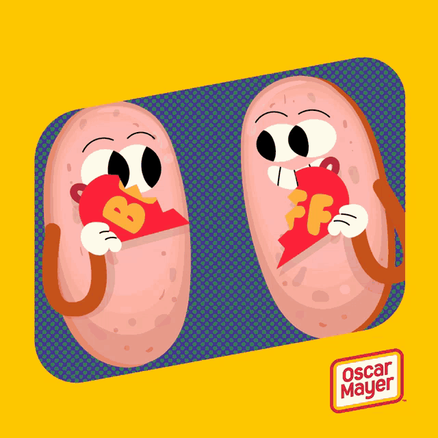 a cartoon of two sausages holding a broken heart with the letters b and e on it