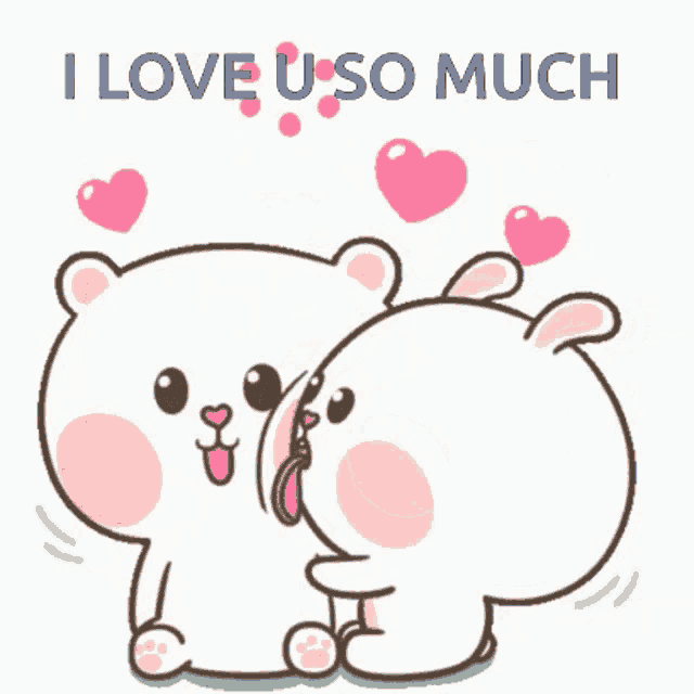 a cartoon of a bear and a rabbit kissing with the words " i love u so much " below them