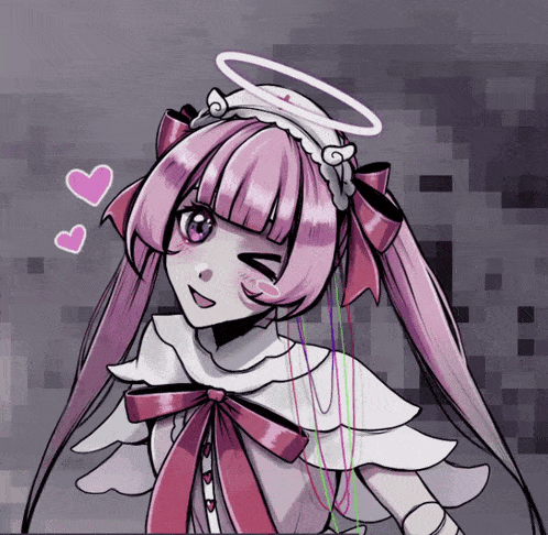 a drawing of a girl with pink hair and an angel halo