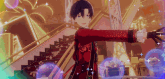 a man in a red jacket is standing in front of a set of stairs in a video game .