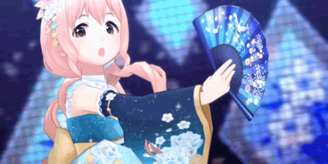 a girl in a kimono is holding a blue fan