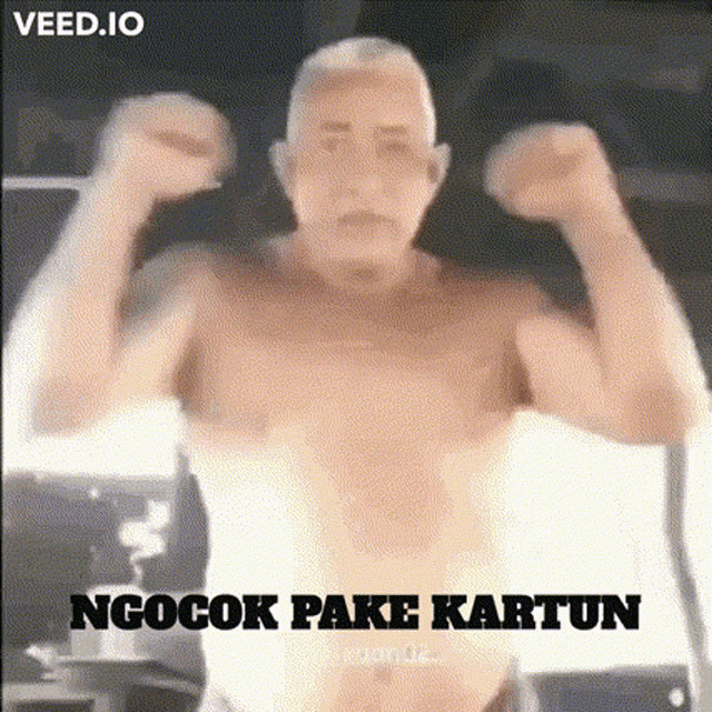 a shirtless man is flexing his muscles in a gym with the words ngocok pake kartun written on the bottom .