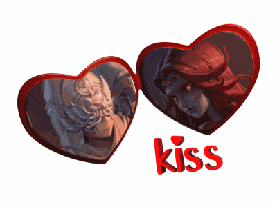 two red hearts with a picture of a man and a woman and the word kiss