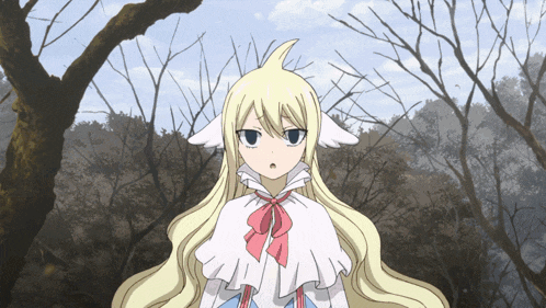 a blonde anime character with a white cape and a pink bow