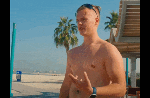 a shirtless man wearing sunglasses and a watch is standing on a beach