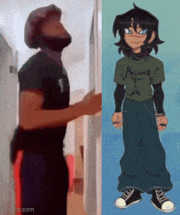 a man with a beard is standing next to a drawing of a boy with a beard .