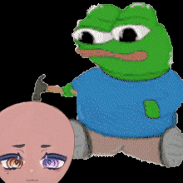 a green frog is holding a hammer next to a pink head