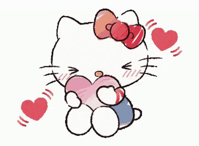 a drawing of hello kitty holding a heart with hearts surrounding her