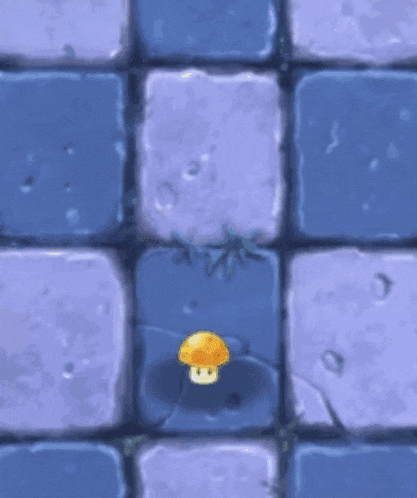a cartoon drawing of a mushroom on a blue tile floor