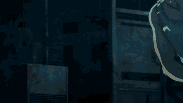 a person with blood coming out of their shirt is standing in a dark room