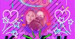 a couple of people are standing next to each other on a pink background .
