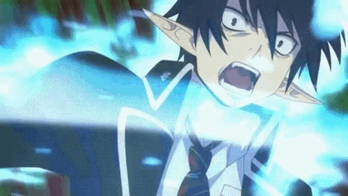 a close up of a person 's face with a blue light coming out of his mouth .