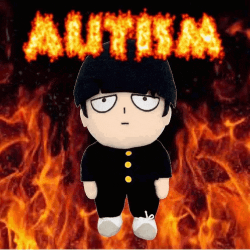 a stuffed cartoon character with the word autism in flames