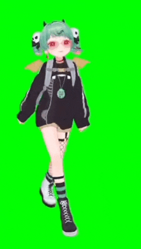 a girl with horns and a backpack is standing on a green screen