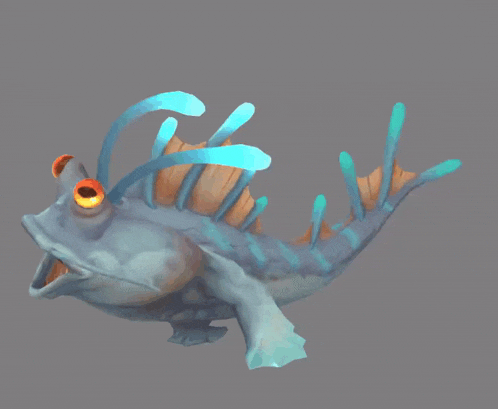 a cartoon drawing of a fish with orange eyes and a long tail