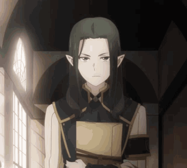 a cartoon character with long black hair and ears