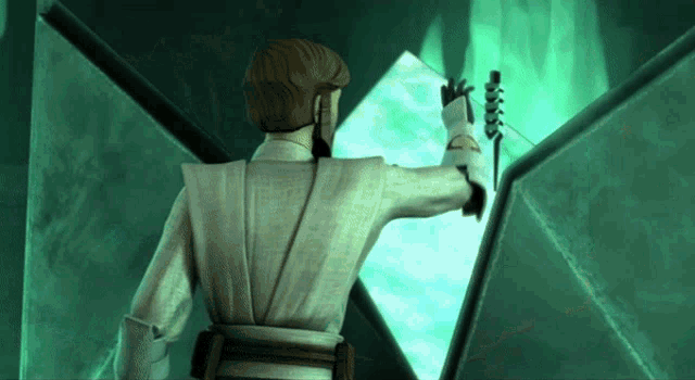 a man in a white robe is holding a sword in front of a green wall