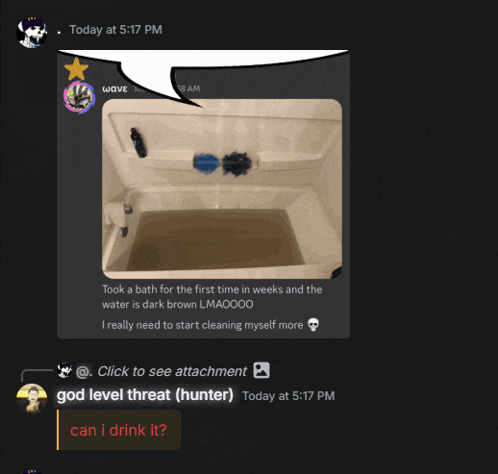 a screenshot of a chat with a picture of a bathtub and a speech bubble that says today at 5:17 pm