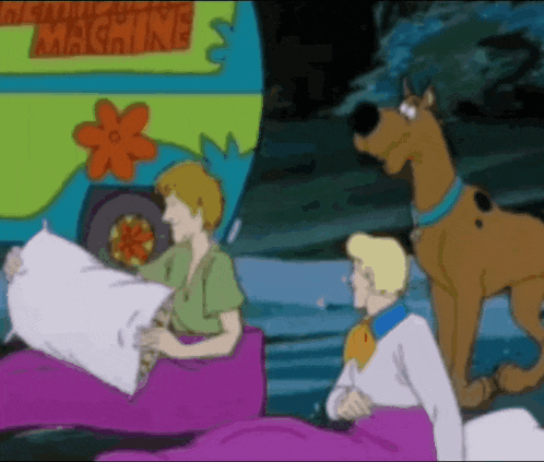 scooby doo and friends are having a pillow fight in front of a scooby doo vehicle