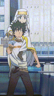 a man is carrying a girl on his shoulders in a cartoon