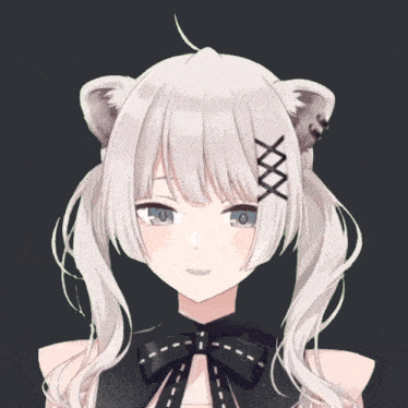 a girl with white hair and a black bow on her neck has an xx on her ear