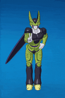 cell from dragon ball z is making a funny face with his hands up