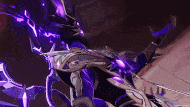 a video game character with purple glowing eyes is laying on the ground