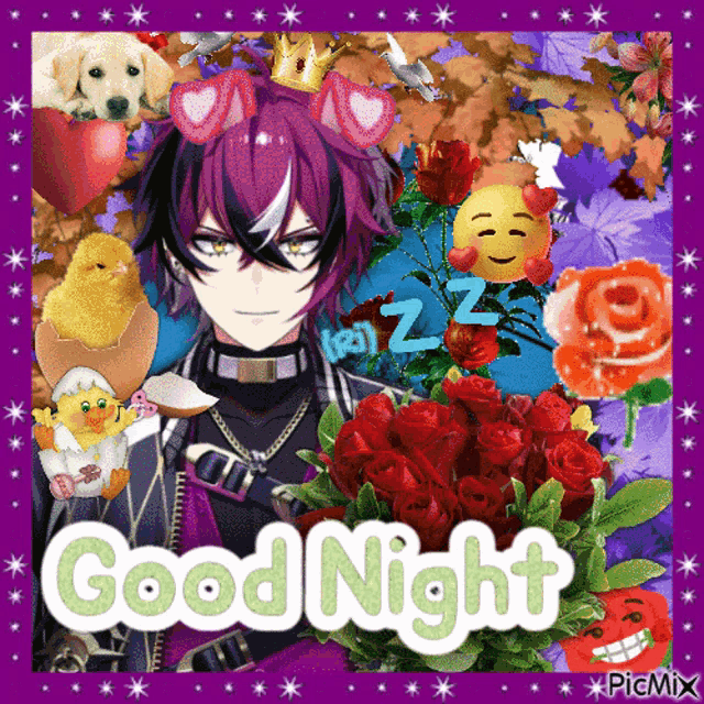 a picture of a boy with purple hair and the words good night on it