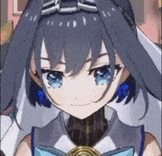 a close up of a anime girl with blue eyes and a veil .