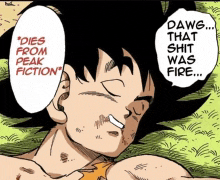a cartoon character says " dies from peak fiction " while laying in the grass