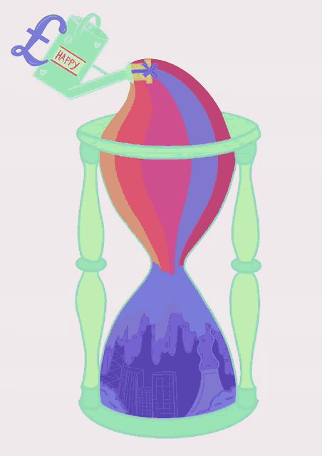 an hourglass with a colorful hot air balloon inside of it
