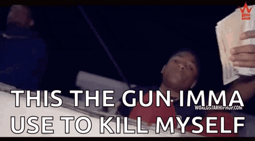 a man is holding a bunch of money in his hands and says `` this the gun imma use to kill myself '' .