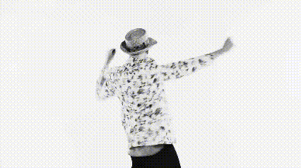 a man wearing a hat and a floral shirt is standing with his arms in the air .